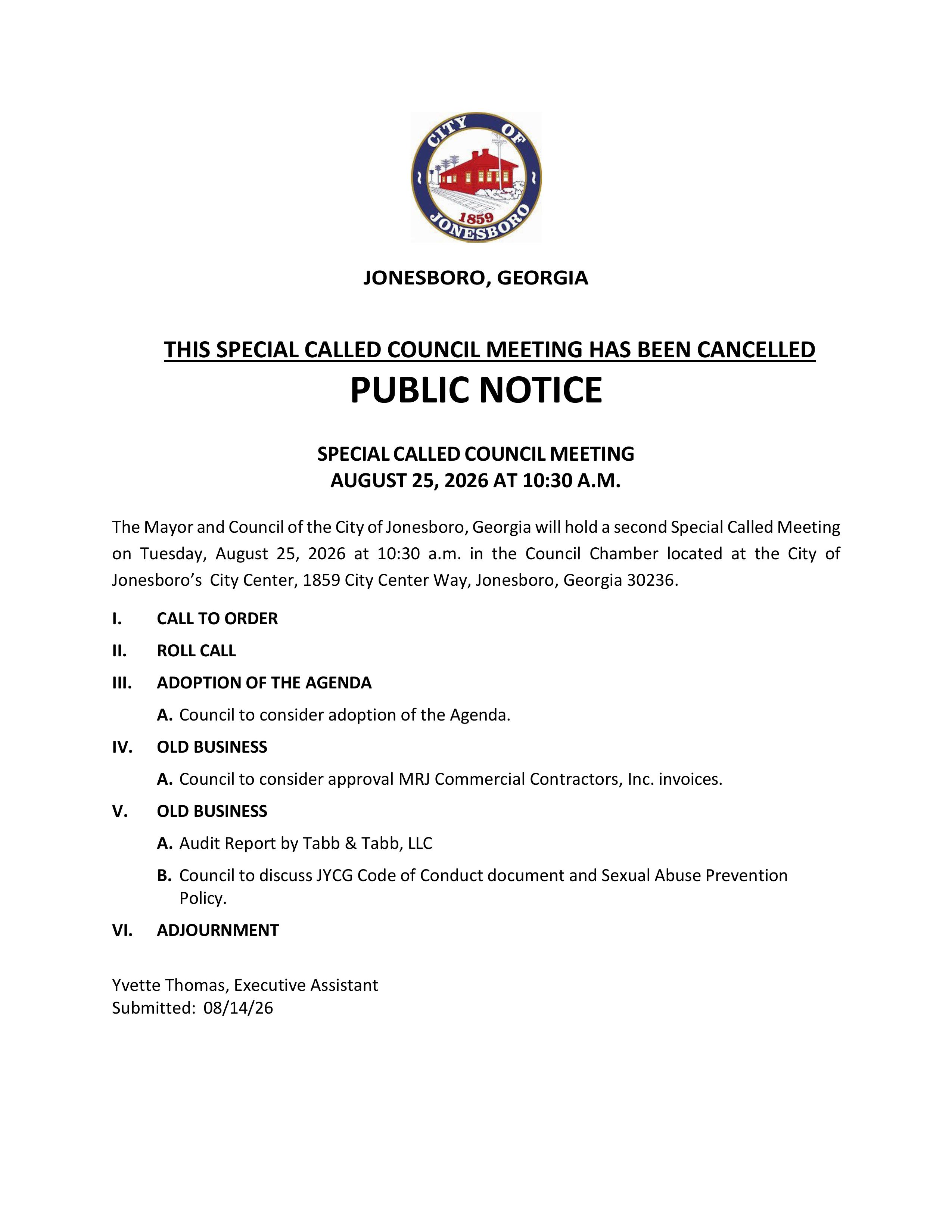 PUBLIC NOTICE - SPECIAL CALLED COUNCIL MEETING CANCELLED 